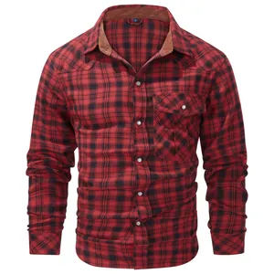 Herren Retro Western Kariertes Flanellhemd Langarm Knopfleiste Top Mit Perlmutt-Druckknöpfen Vintage Kontrastkragen Aus Cord Karοhemd Für Herren