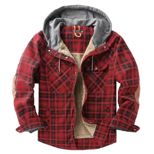 Veste chemise à capuche à carreaux rouge pour homme avec doublure polaire chaude d'hiver