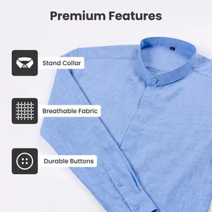Détail d'une chemise bleue à col montant avec tissu respirant et boutons durables.