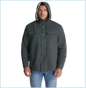 Front view of men's charcoal hooded jacket with warm sherpa lining and chest pockets