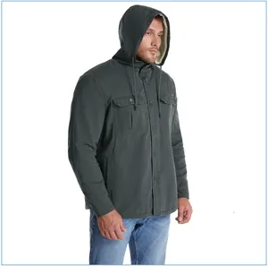 Men's heavyweight hooded shirt jacket with warm sherpa lining in charcoal grey-green.