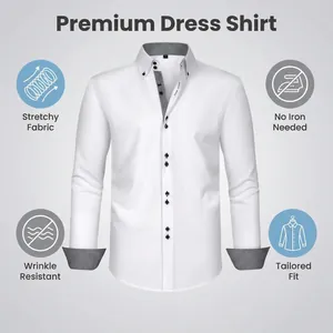 Detailed features of white premium stretch dress shirt with wrinkle resistant fabric