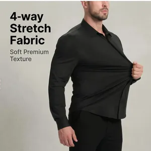 Detailed view of black men's long sleeve shirt showing 4-way stretch fabric quality.