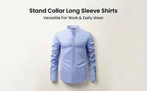 Detailed view of light blue men's stand collar long sleeve shirt for daily wear