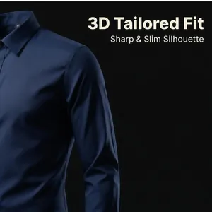 Detail shot of navy blue men's slim fit shirt with 3D tailored design and smooth fabric.
