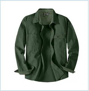 Detail view of dark green cotton workwear shirt featuring corduroy collar lining