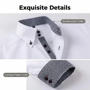 Close-up of double-button collar and contrast pattern cuffs on men's white dress shirt