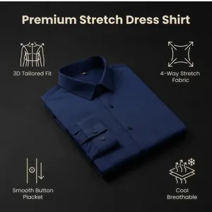 Detailed view of navy blue premium stretch dress shirt showing its breathable texture.