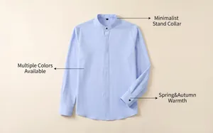 Detail view of light blue men's stand collar shirt with minimalist long sleeve design.