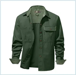 Front view of a dark green cotton cargo shirt with corduroy collar and pocket details