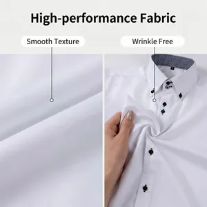 Macro detail showing wrinkle-free white shirt fabric texture and button collar design