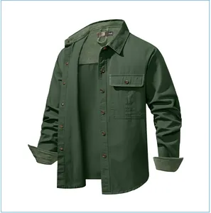 Detail of men's dark green corduroy workwear shirt with buttons and chest pocket