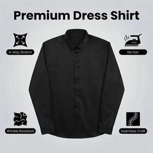 Premium black men's dress shirt featuring wrinkle-resistant fabric and 4-way stretch icons