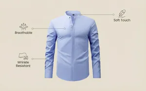 Light blue men's mandarin collar shirt with breathable and wrinkle resistant features