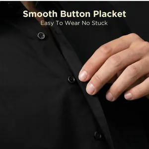 Close-up of smooth button placket on black stretch non-iron men's shirt.