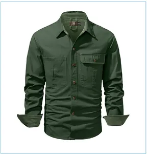 Close-up detail of dark green cotton utility shirt with contrast corduroy collar and cuffs