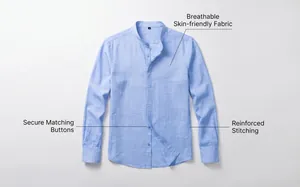 Détail du tissu respirant aspect lin sur chemise bleue pour homme à col officier