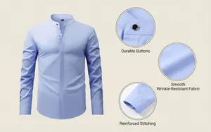 Detailed view of light blue stand-collar shirt features and premium fabric texture
