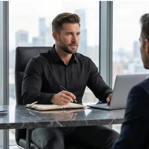Professional man wearing a black stretch non-iron shirt working at a modern office desk