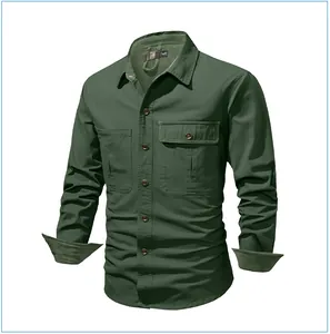 Detailed view of dark green men's cotton cargo shirt with button front and pockets.