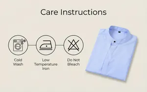 Detailed view of light blue stretch shirt care instructions with washing icons displayed.