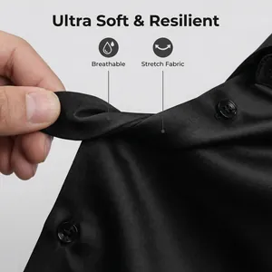 Close-up of black men's shirt showing breathable and ultra soft stretch fabric