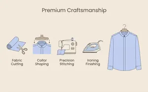 Infographic of premium craftsmanship for men's band collar shirt with stitching details