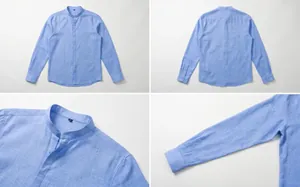 Vues détaillées d'une chemise bleue à col officier pour hommes en tissu aspect lin