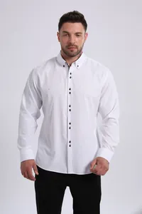 Premium men's white long sleeve business shirt with decorative buttons and stretch fabric