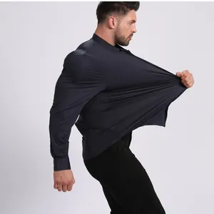 Men's high-performance stretch dress shirt demonstrating superior fabric elasticity.