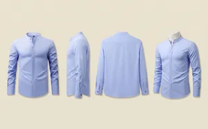Light blue men's stand-collar long-sleeve shirt shown from four different angles.