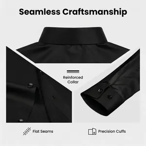 Macro detail of black men's dress shirt with reinforced collar and precision cuffs