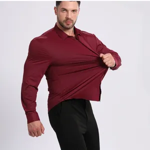 Close-up of high elasticity burgundy men's shirt showing the non-iron fabric stretch