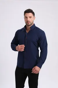 Dark blue men's business casual long-sleeve shirt with contrast collar detail