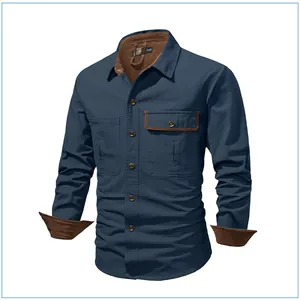 Mens navy blue pure cotton cargo shirt with brown corduroy collar and cuff contrast details