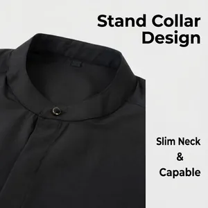 Close-up detail of a men's black stand collar shirt showing the elegant neckline design