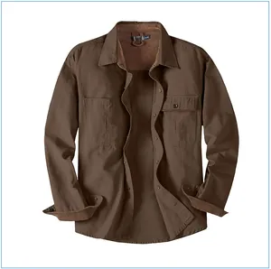 Close-up of brown cotton work shirt with corduroy collar and buttoned pockets