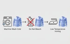 Instructions de lavage pour chemise bleue à col mao: lavage à froid et sans blanchiment.