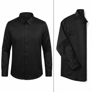Front and side views of a black long-sleeved non-iron elastic shirt for men.