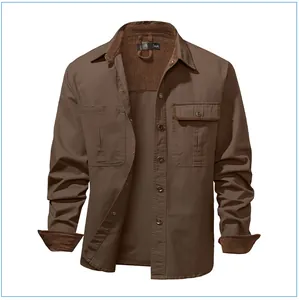 Men's brown cotton utility shirt with corduroy contrast collar and cuffs