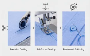 Vue détaillée de la coupe de précision et des coutures renforcées sur chemise bleue