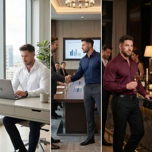 Professional lifestyle shots of men's non-iron stretch shirt in three classic colors.