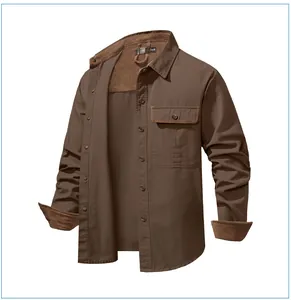Detailed view of men's cotton utility shirt with brown corduroy collar and cuffs