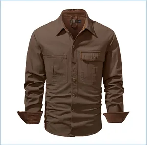 Close-up detail of a men's brown cotton work shirt featuring corduroy collar and cuffs