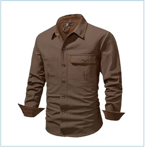 Close-up detail of men's brown cotton cargo shirt featuring corduroy collar and cuffs