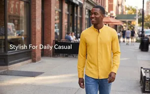 Stylish male model in yellow mandarin collar long sleeve shirt for daily casual wear