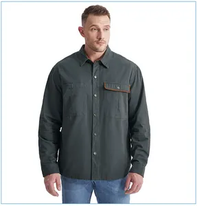 Front view of men's dark grey cotton workwear shirt featuring brown contrast pocket trim.