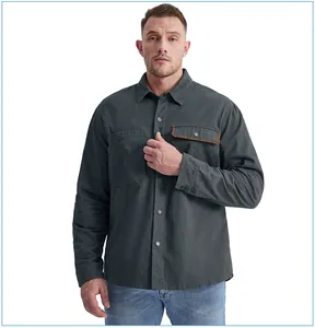 Frontal shot of men's heavy cotton work shirt featuring corduroy trim on chest pocket