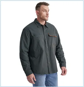 Detailed side view of charcoal men's work shirt with brown corduroy pocket flap