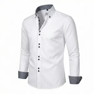 Professional men's white long-sleeved shirt with contrast collar and cuffs